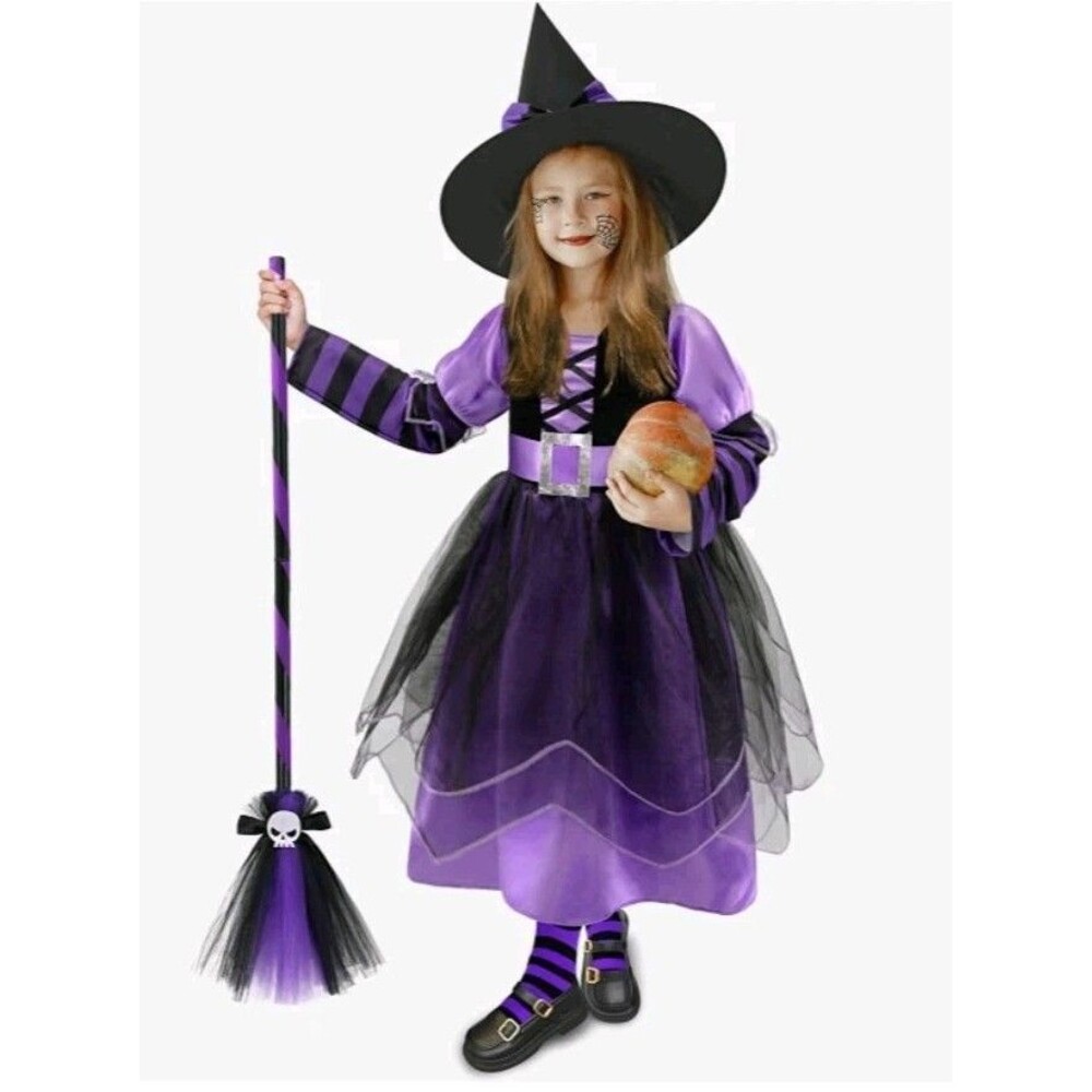 Girls Witch Costume Kids Witch Outfit with Hat, Purple Stripe, X-large 12-14